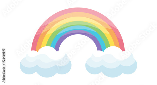 Colorful rainbow with fluffy clouds on a white background