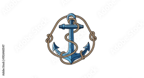 Nautical blue anchor with rope on white background