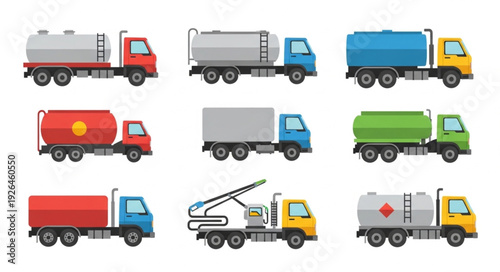 Collection of various colorful tanker trucks and transport vehicles isolated on white background.