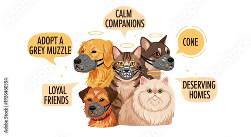 Illustration of dogs and cats with speech bubbles promoting pet adoption and companionship in a heartwarming scene