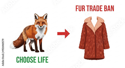 Illustration of a fox transforming into a fur coat promoting a fur trade ban with 'choose life' message white background vibrant colors cartoon style
