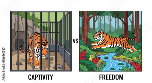 Tiger in captivity versus in the wild freedom contrasting zoo enclosure and natural forest habitat with river