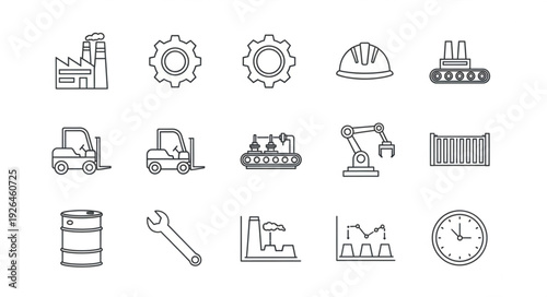 Industrial factory and manufacturing equipment icons in a line art style.