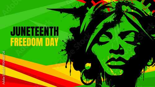 Juneteenth Freedom Day banner with african american woman face on green and yellow abstract background, vector illustration