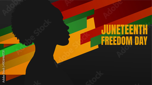Juneteenth Freedom Day banner with black woman silhouette on colorful abstract background, vector illustration