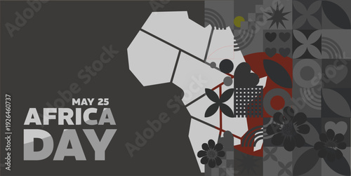 Africa Day banner with grey map silhouette and geometric patterns on dark background, vector illustration