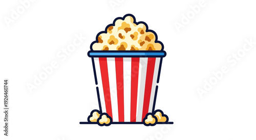 Colorful cartoon popcorn bucket with scattered kernels on white background