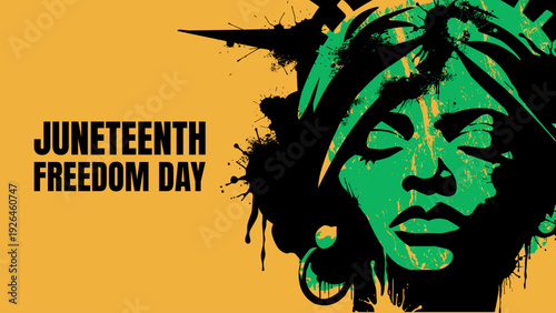 Juneteenth Freedom Day banner with african american woman face on yellow abstract background, vector illustration