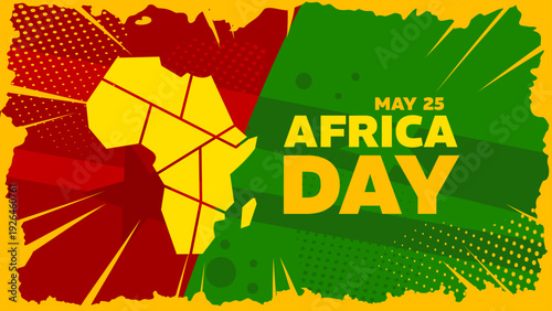 Africa Day banner with yellow map silhouette on green and red abstract grunge background, vector illustration