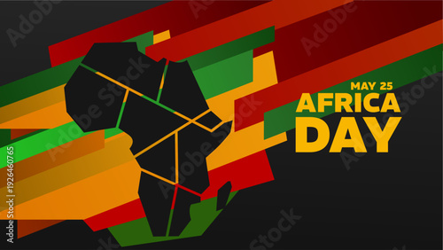 Africa Day banner with black map silhouette on colorful dynamic geometric background, vector illustration