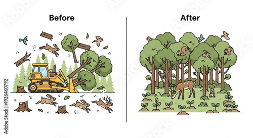 Deforestation transformation illustration showing bulldozer destroying trees and forest restoration with deer in a serene environment