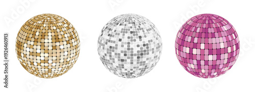 Disco ball set, shiny party mirror glowing party decorations. Gold, pink and silver colors. Glossy discoball in 70s 80s retro style. Party, music, 