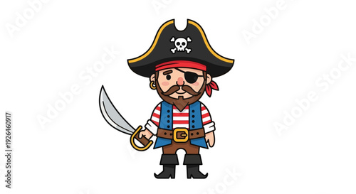 Cartoon Pirate Character with Sword and Eye Patch on White Background