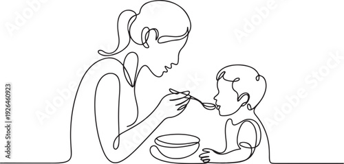 One continuous line a mother feeds her son. Minimalist style vector. one line Icon drawing