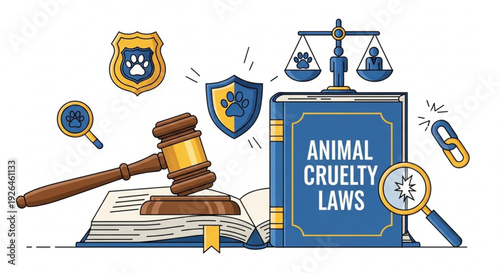 Animal cruelty laws illustration featuring gavel scales of justice and protective symbols on white background