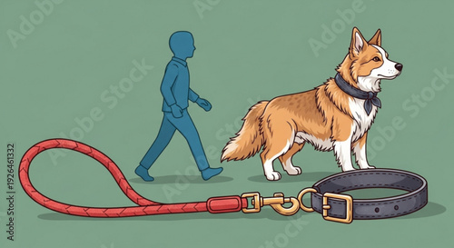 Dog standing with collar and leash while owner walks away on green background illustration of pet obedience and training