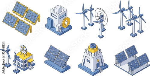 Isometric icons depict sustainable energy production facilities using solar panels and wind.