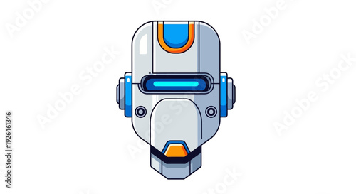 Futuristic robotic head with blue and orange accents on white background