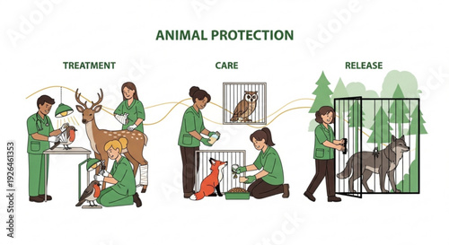 Animal protection process illustration showing treatment care and release of injured wildlife by veterinarians in green scrubs