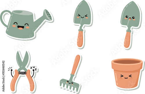 Cute gardening tool stickers feature happy faces on a watering can, trowel, shears, and rake.