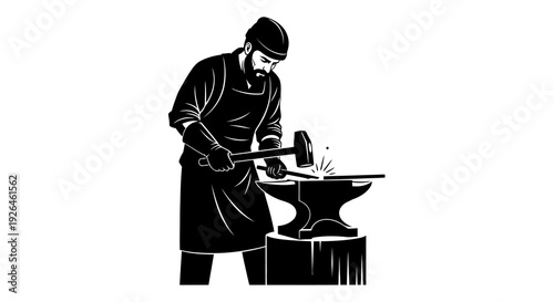 Blacksmith silhouette forging metal on anvil in workshop