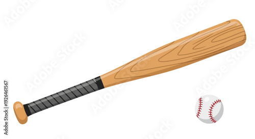 Wooden baseball bat and ball on white background in vector style