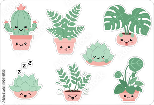 Happy potted succulent and cactus characters thrive indoors as cute houseplant stickers.