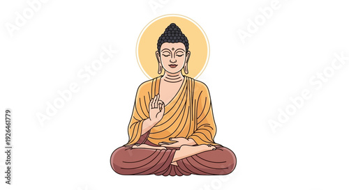 Illustration of Buddha in Meditation Pose with Halo on White Background