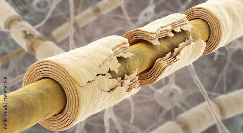 Medical illustration of a damaged myelin sheath on a nerve cell representing multiple sclerosis