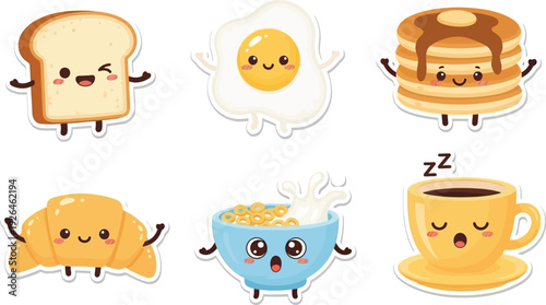 Cute breakfast food characters with happy faces include toast, eggs, and coffee cup.