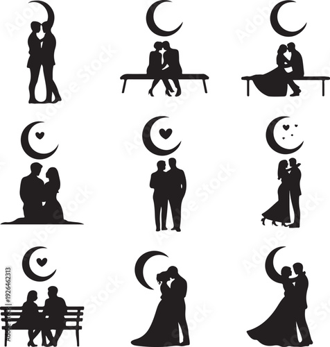 black silhouettes of couples kissing and sitting under crescent moons
