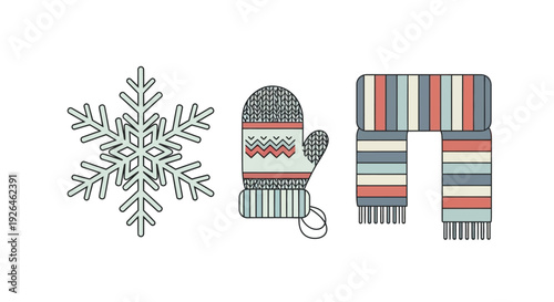 Winter accessories illustration with snowflake, mitten, and scarf