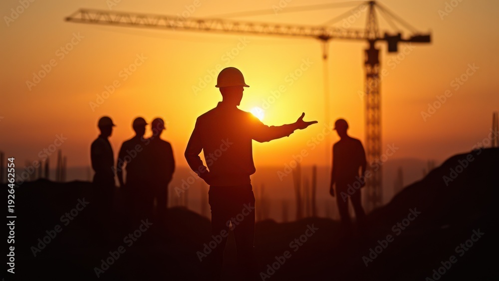 Fototapeta premium silhouette engineer giving orders to construction crew on high ground at sunset blurred natural background safety scene concept of heavy industry, construction management, occupational safety