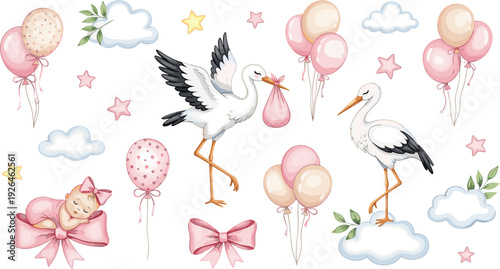 Cute Stork with Baby Bundle Balloons and Clouds Vector Set