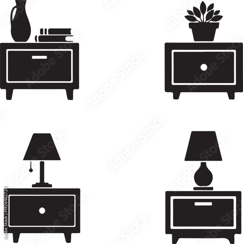 Four black silhouette icons of nightstands with different objects on top bedside table