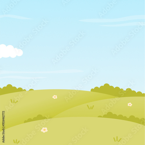 Serene green hills with white flowers under blue sky