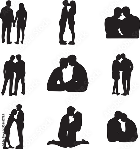 black silhouettes of couples in love on white background