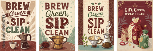 Vintage-style coffee and gift packaging illustrations in earthy tones