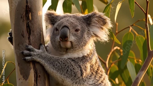 Adorable koala clings to eucalyptus tree in warm sunlight
