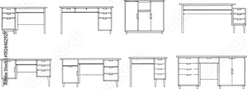 Line Art Drawings of Various Desk Designs with Drawers and Cabinets table workstation
