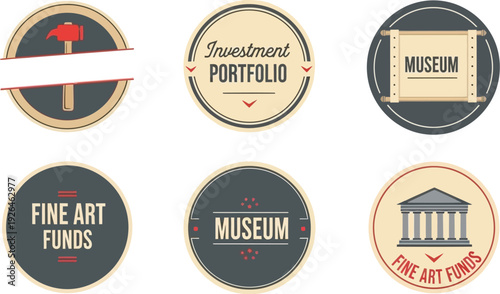 Vintage circular emblem set showcases diverse financial themes like investment and museum.