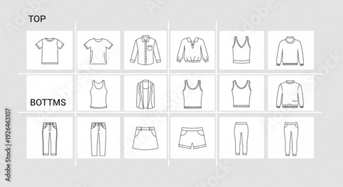 Collection of various clothing items for fashion design and catalog purposes