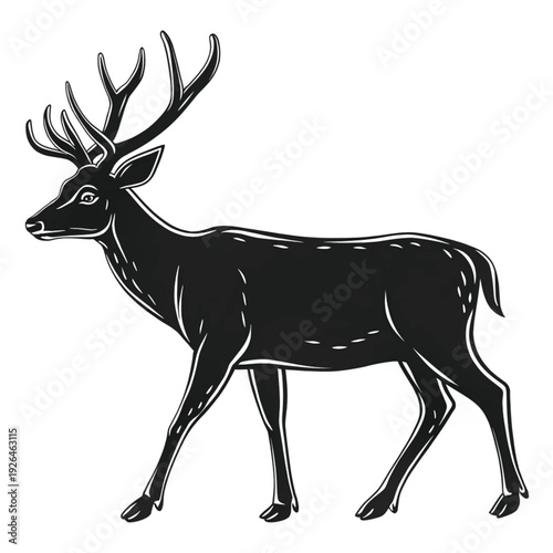 A detailed black and white illustration of a majestic male deer