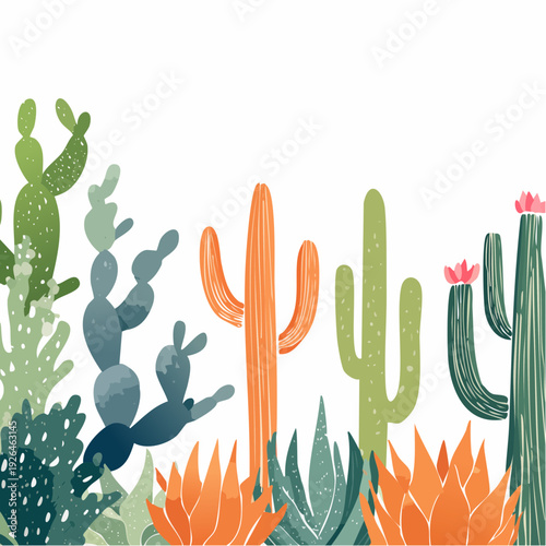 Variety of colorful cacti and succulents in a desert landscape illustration from a frontal viewpoint