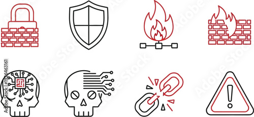 Cybersecurity warning icons illustrate concepts like firewalls, hacking, broken links,.