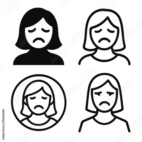 A set of sad female icons on a black background