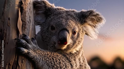 Adorable koala clings to a tree trunk at sunset, with soft golden light illuminating its fur.