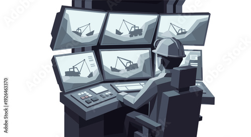 Vector illustration of a worker in a hard hat monitoring excavators on a bank of screens in a control room, with a muted, grayscale palette. Suitable for industry, technology, construction.