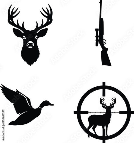 Hunting imagery featuring deer, duck, rifle, and crosshairs. Vector