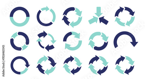 Set of circular icons representing recycling and renewal concepts in blue and green hues from a straightforward view